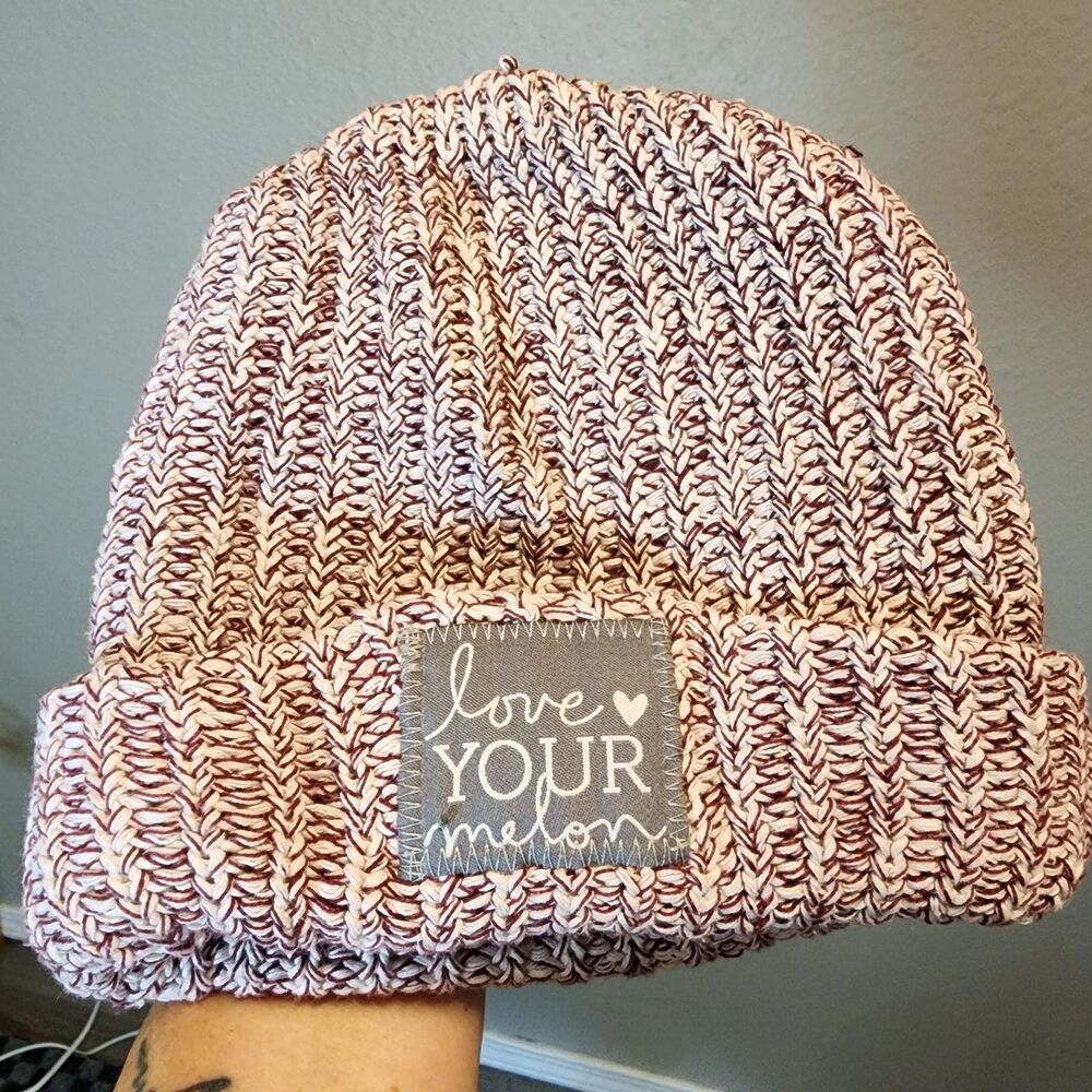 Love Your Melon Burgundy & Cream Marled Knit Cuffed Beanie Hat Made in USA